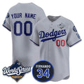Custom Los Angeles Dodgers ACTIVE PLAYER Gray 2025 World Series With No. 34 Patch Limited Stitched Baseball Jersey