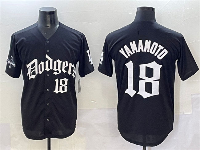 Los Angeles Dodgers #18 Yoshinobu Yamamoto Black 2025 LA Gothic Style With 2024 World Series Champions Patch Vapor Premier Limited Stitched Baseball Jersey