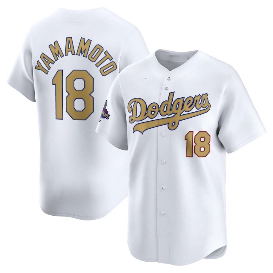 Los Angeles Dodgers #18 Yoshinobu Yamamoto White 2025 Gold Collection Limited Stitched Baseball Jersey