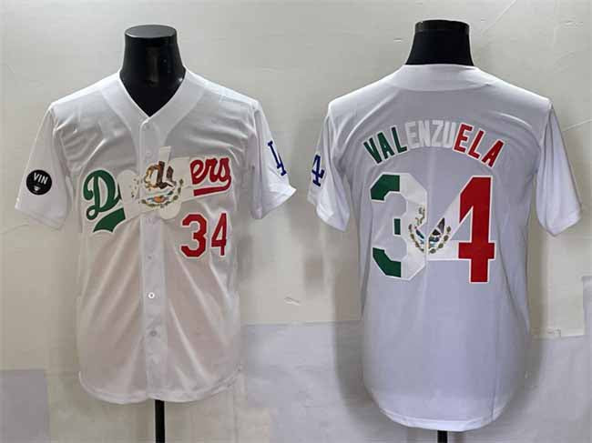 Los Angeles Dodgers #34 Fernando Valenzuela White Mexico Special Vin Scully Patch Stitched Baseball Jersey