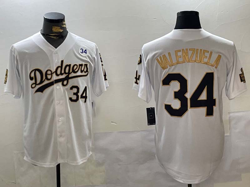 Los Angeles Dodgers #34 Toro Valenzuela White Gold 2024 World Series With Fernando Memorial Patch Limited Stitched Baseball Jersey