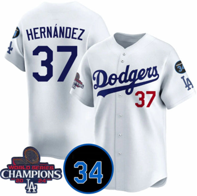 Los Angeles Dodgers #37 Teoscar Hernandez White 2024 World Series Champions With Fernando Memorial Patch Vapor Premier Home Limited Stitched Baseball Jersey