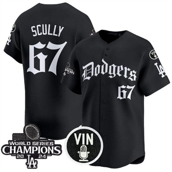 Los Angeles Dodgers #67 Vin Scully Black Mexico 2025 LA Gothic Style With Vin And 2024 World Series Champions Patch Vapor Premier Limited Stitched Baseball Jersey