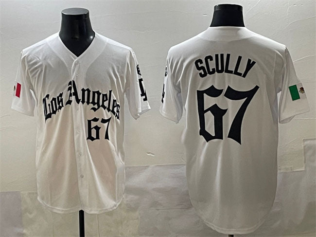 Los Angeles Dodgers #67 Vin Scully White Mexico 2025 LA Gothic Style With Fernando Patch Vapor Premier Limited Stitched Baseball Jersey