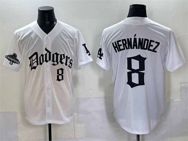 Los Angeles Dodgers #8 Enrique Hern¨¢ndez White 2025 LA Gothic Style With 2024 World Series Champions Patch Vapor Premier Limited Stitched Baseball Jersey